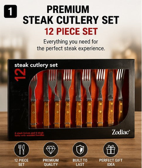 Stainless Steel Steak Cutlery Set Wood Handles