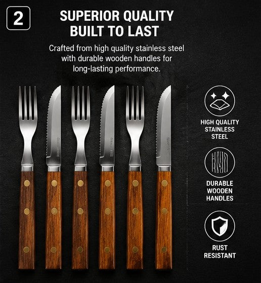 Stainless Steel Steak Cutlery Set Wood Handles