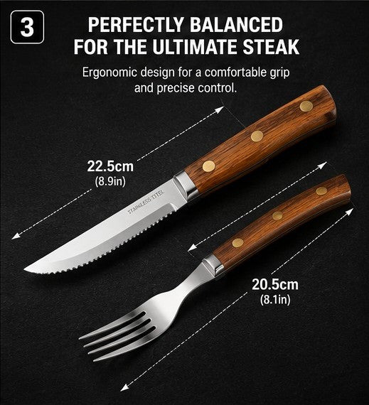 Stainless Steel Steak Cutlery Set Wood Handles